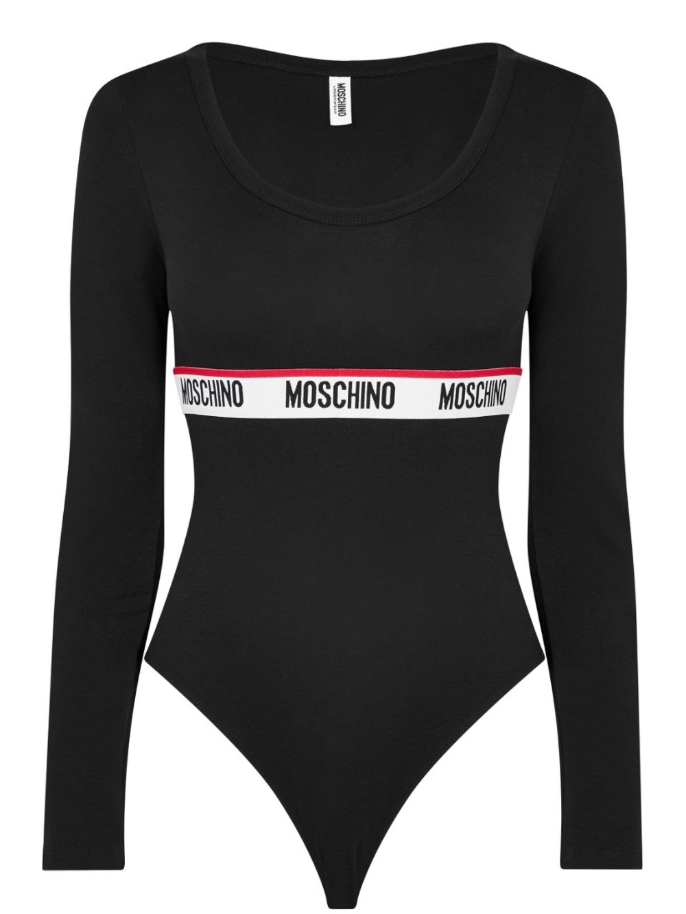 Moschino Black Long-Sleeve Logo-Trim Bodysuit with White & Red Band